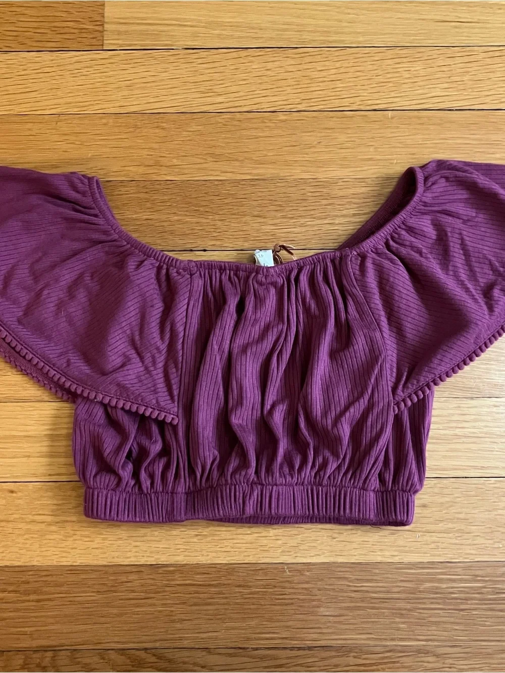 Kate Quinn New Purple Modal Off The Shoulder Pom Pom Ruffle Cropped Top 4T